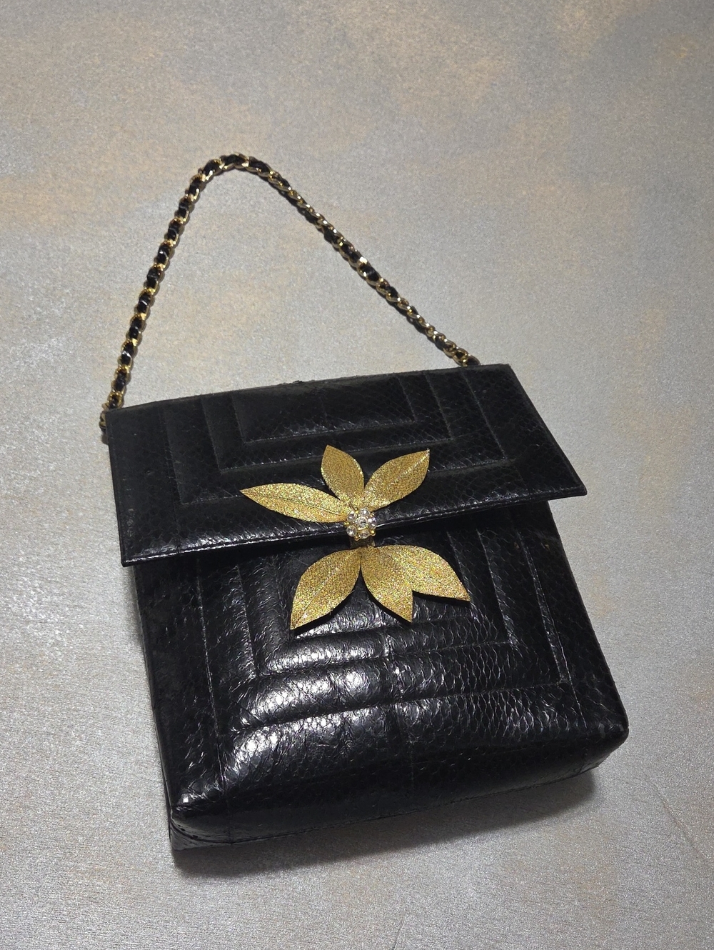 VINTAGE Black Leather Shoulder Bag with Gold Flower Accent
